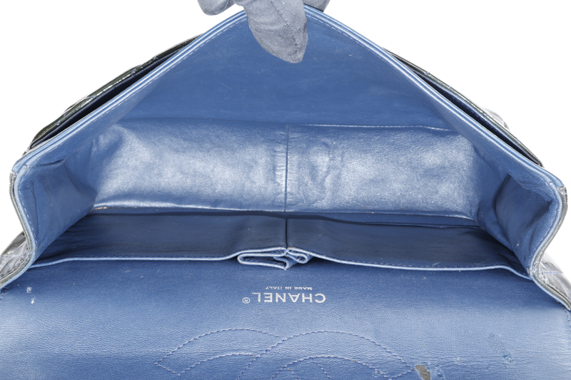 CHANEL CLASSIC DOUBLE FLAP BLUE JUMBO PATENT LEATHER SILVER HARDWARE (1442xxxx) WITH DUST COVER AND DUST COVER
