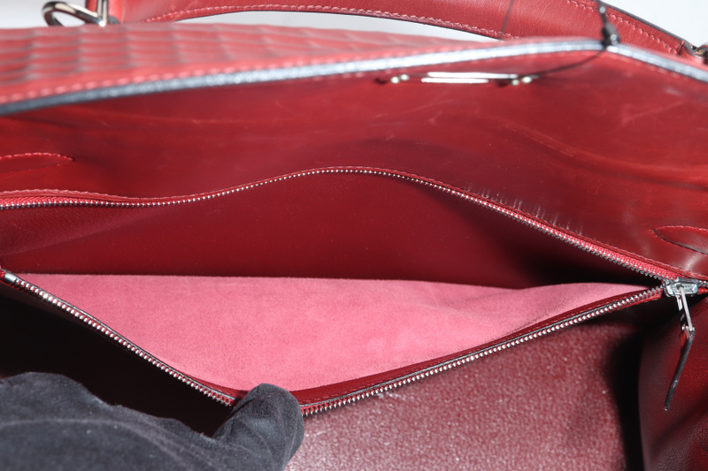 HERMES KELLY 32 WAFFLE SELLIER STAMP G (YEAR 2003) ROUGE H EVERCALF LEATHER SILVER HARDWARE WITH STRAPS, DUST COVER (NO KEYS & LOCK)