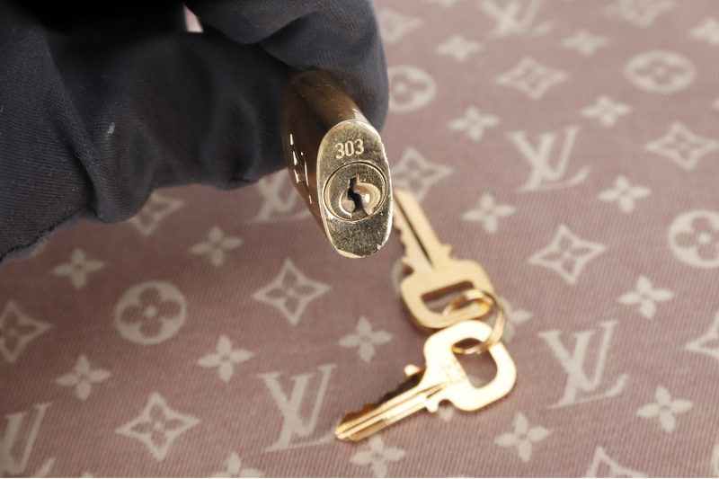 LOUIS VUITTON SPEEDY BANDOULIERE 30 MINI LIN CANVAS GOLD HARDWARE WITH DUST COVER, STRAPS,  LOCK AND KEYS