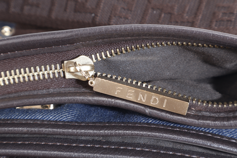 FENDI AB02827 BLUE DENIM CROSSBODY BAG BROWN DARK BROWN GOLD HARDWARE WITH STRAPS