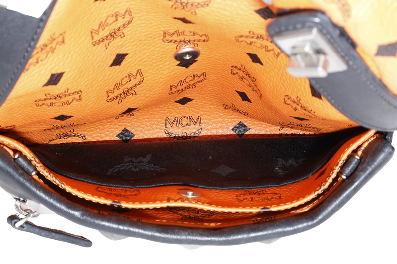 MCM STARK DUAL BACKPACK ORANGE-BLACK LEATHER SILVER HARDWARE NO DUST COVER