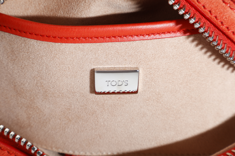 TODS RUBBERSTUD CROSSBODY SLING BAG ORANGE SUEDE SILVER HARDWARE WITH STRAPS AND DUST COVER