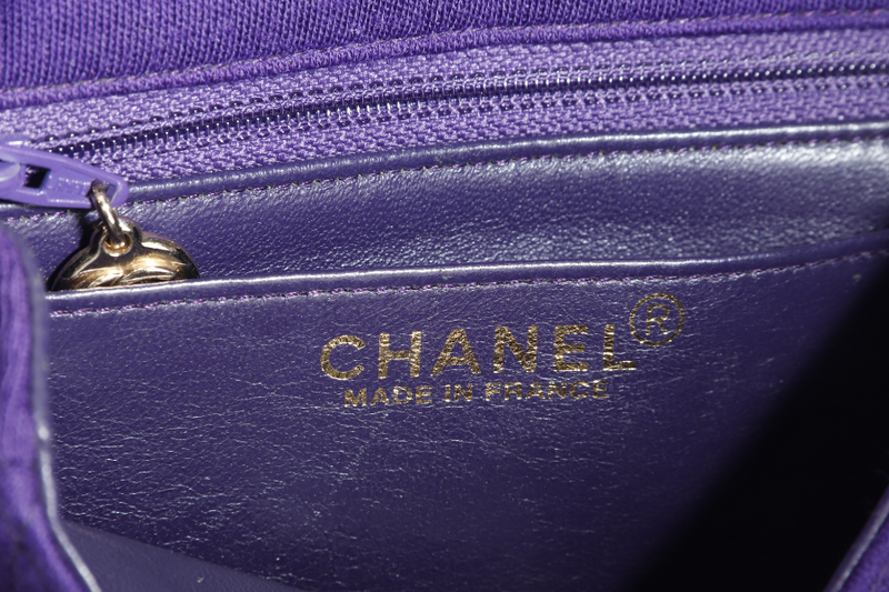 CHANEL CLASSIC FLAP MINI SQUARE (648xxxx) PURPLE JERSEY GOLD HARDWARE WITH DUST COVER AND CARD