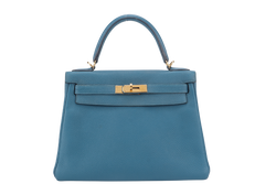 HERMES KELLY 28 BLUE COLVERT TOGO GOLD HARDWARE STAMP Q (YEAR 2013) WITH KEYS, LOCK, STRAPS AND DUST COVER