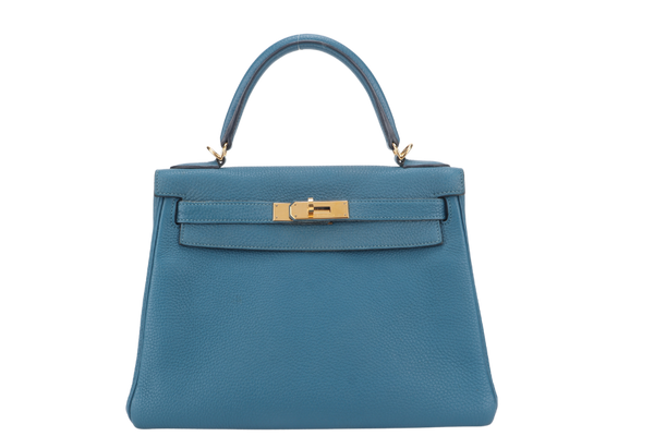 HERMES KELLY 28 BLUE COLVERT TOGO GOLD HARDWARE STAMP Q (YEAR 2013) WITH KEYS, LOCK, STRAPS AND DUST COVER