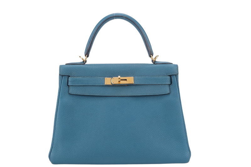 HERMES KELLY 28 BLUE COLVERT TOGO GOLD HARDWARE STAMP Q (YEAR 2013) WITH KEYS, LOCK, STRAPS AND DUST COVER