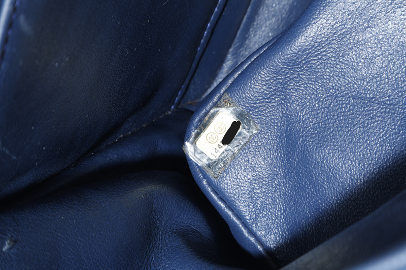 CHANEL CLASSIC DOUBLE FLAP BLUE JUMBO PATENT LEATHER SILVER HARDWARE (1442xxxx) WITH DUST COVER AND DUST COVER