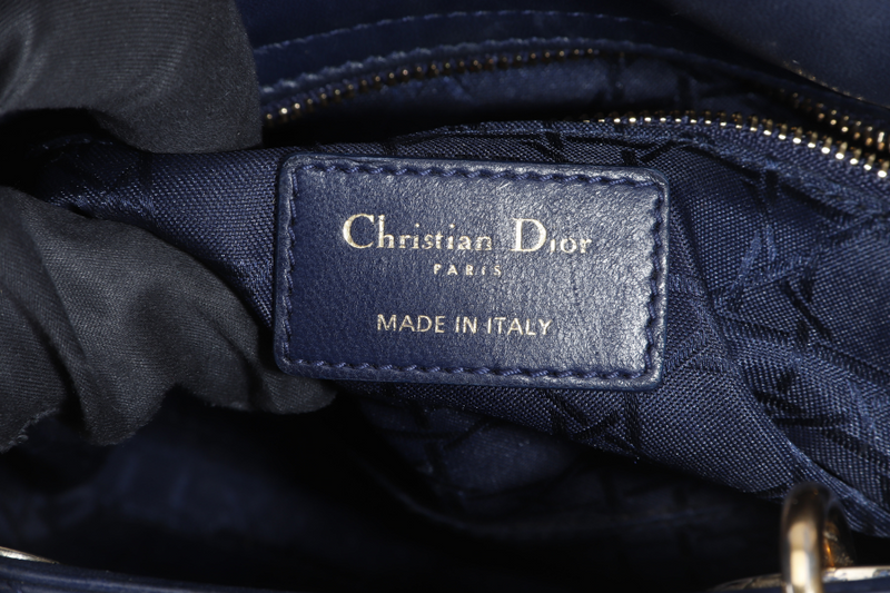 CHRISTIAN DIOR LADY DIOR SMALL (01-RU-1117) NAVY BLUE CANNAGE LAMBSKIN GOLD HARDWARE WITH STRAP, DUST COVER AND BOX