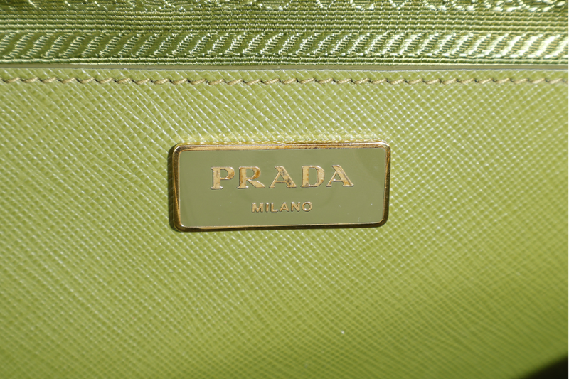 PRADA LIME GREEN SAFFIANO LUX LEATHER (BL0837) PROMENADE SATCHEL GOLD HARDWARE WITH STRAPS ,CARD AND DUST COVER