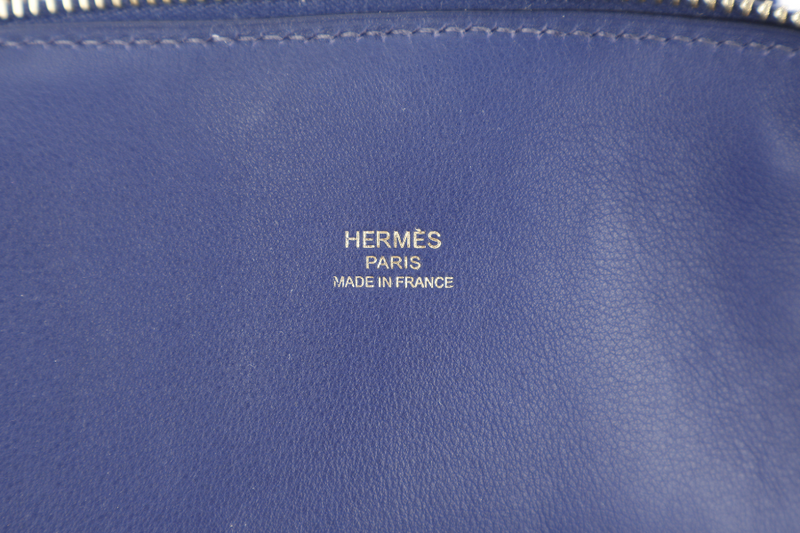 HERMES BOLIDE 1923 STAMP C (2018) BLUE ELECTRIC NOVILLO LEATHER GOLD HARDWARE WITH KEYS, LOCK, STRAPS, DUST COVER AND RAIN COAT