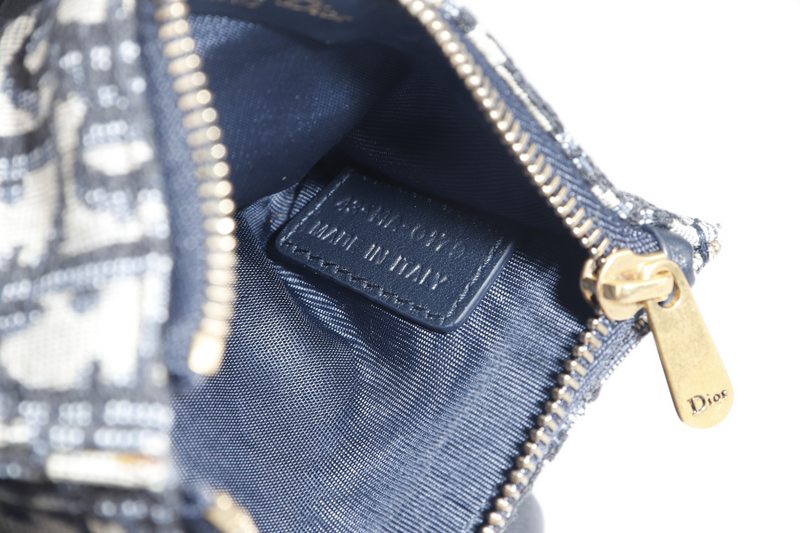 CHRISTIAN DIOR LONG SADDLE WALLET WITH CHAIN BLUE OBLIQUE LEATHER TRIMS GOLD HARDWARE WITH DUST COVER, STRAPS AND BOX