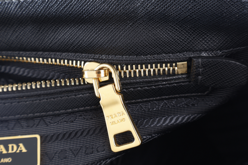 PRADA BN1801 DOUBLE ZIP SATCHEL BAG BLACK SAFFIANO LEATHER GOLD HARDWARE WITH STRAPS, CARD AND DUST COVER