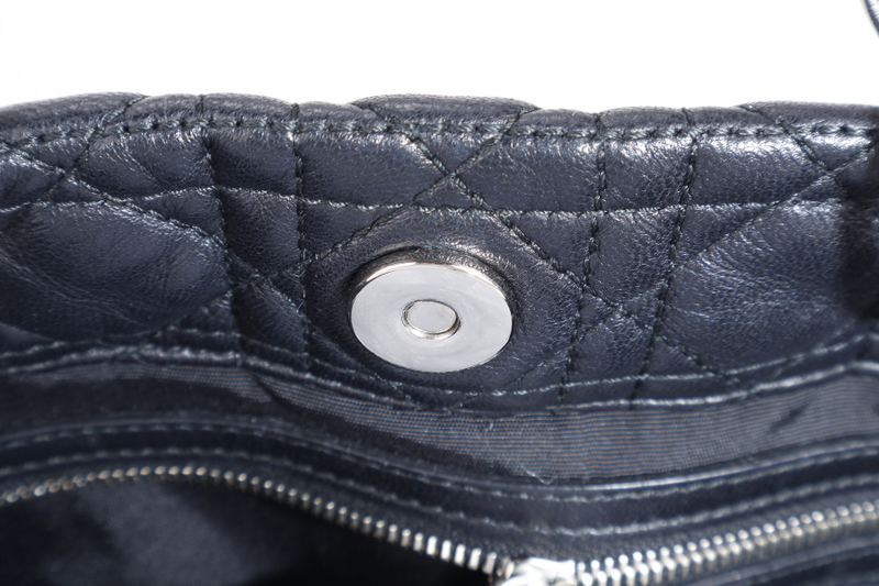 CHRISTIAN DIOR CANNAGE SHOPPING TOTE LARGE BLACK LAMBSKIN SILVER HARDWARE WITH DUST COVER