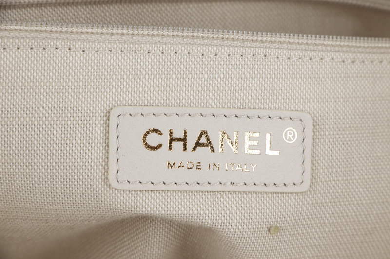 CHANEL DEAUVILLE SMALL BEIGE & WHITE CANVAS (K17Lxxxx) GOLD HARDWARE WITH DUST COVER AND BOX