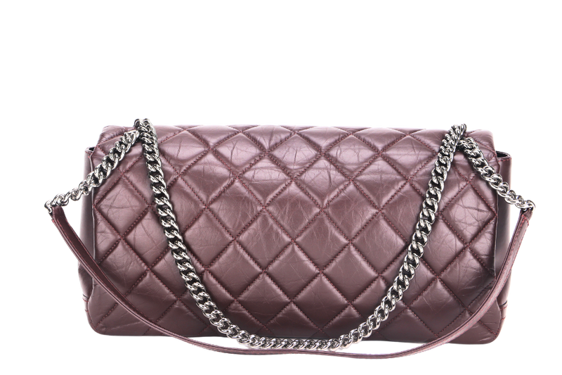 CHANEL LADY PEARLY FLAP (1690xxxx) BURGUNDY DISTRESSED LEATHER SILVER HARDWARE WITH CARD, DUST COVER & BOX