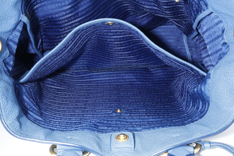 PRADA BLUE VITELLO DAINO LEATHER TOTE GOLD HARDWARE WITH STRAPS, CARD AND DUST COVER