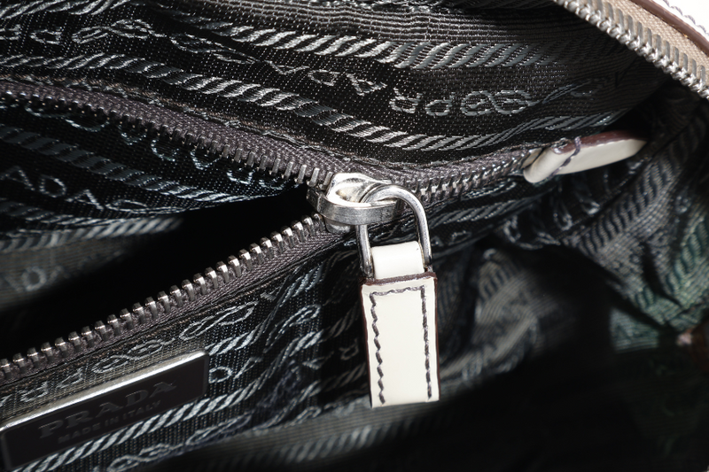 PRADA BN1114 TOP HANDLE BEIGE VINYL BAG SILVER HARDWARE WITH CARD, KEYS&LOCK AND DUST COVER