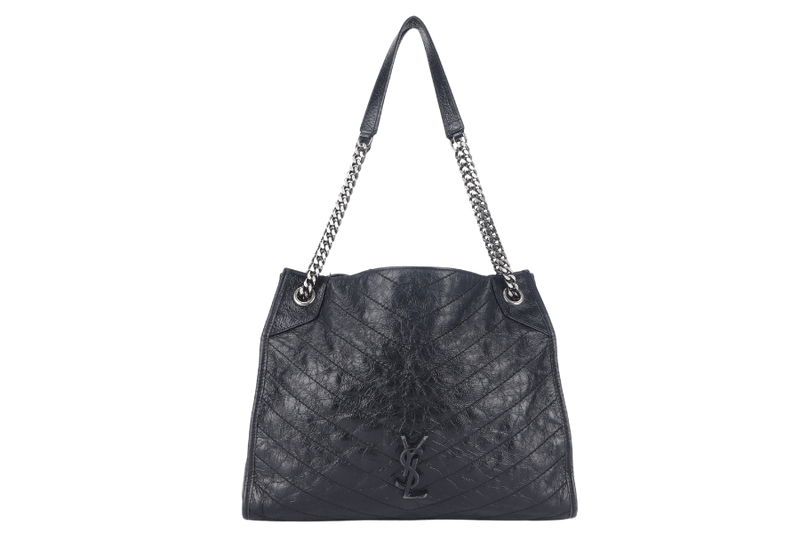 YVES SAINT LAURENT (YSL) NIKI CRINKLED MEDIUM BLACK CALF LEATHER SILVER HARDWARE NO DUST COVER