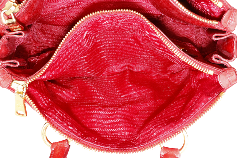 PRADA BR2324 VITELLO SHINE RED MEDIUM SATCHEL LEATHER 2WAYS BAG GOLD HARDWARE WITH CARD AND STRAPS