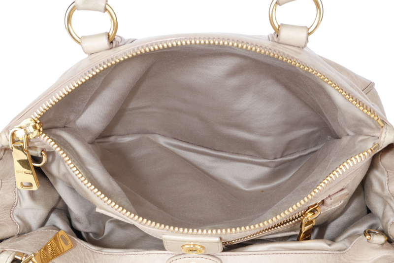 MIU MIU VITELLO LUX LARGE BEIGE BOWLER BAG GOLD HARDWARE WITH LEATHER STRAPS AND DUST COVER