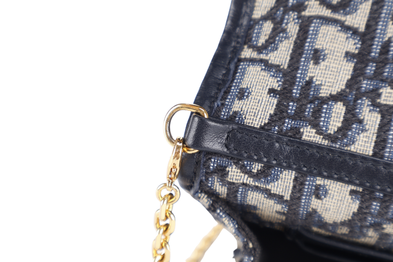 CHRISTIAN DIOR MONTAIGNE 2 IN 1/W.O.C BLUE NAVY OBLIQUE JACQUARD GOLD HARDWARE WITH CHAIN STRAPS, LEATHER STRAPS , DUST COVER AND BOX