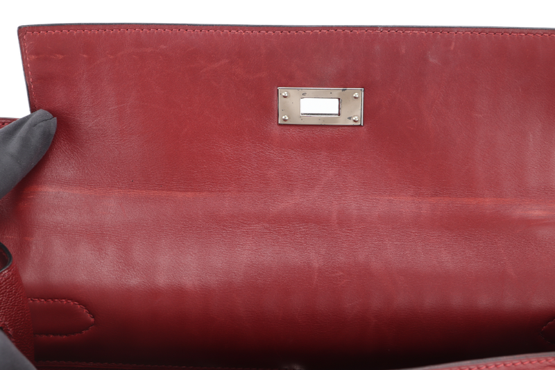 HERMES KELLY 32 WAFFLE SELLIER STAMP G (YEAR 2003) ROUGE H EVERCALF LEATHER SILVER HARDWARE WITH STRAPS, DUST COVER (NO KEYS & LOCK)
