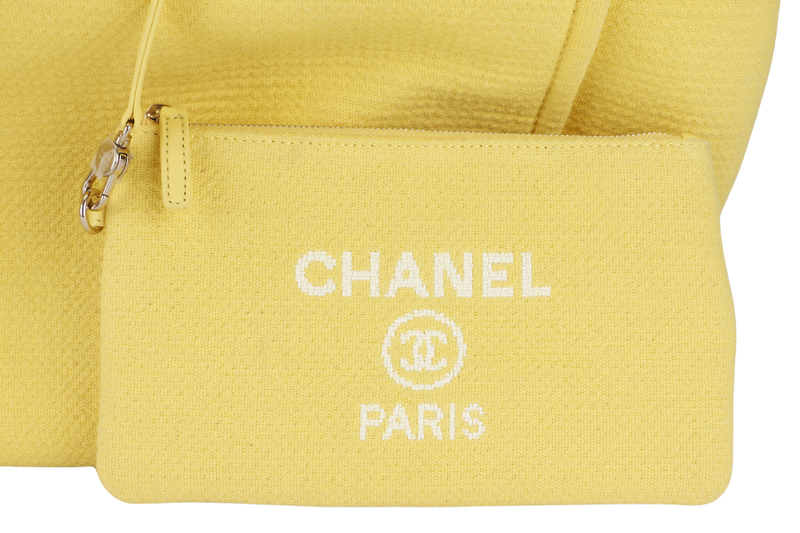 CHANEL DEAUVILLE TOTE BAG MICROCHIP (AJPXxxxx) LARGE YELLOW CANVAS GOLD HARDWARE WITH POUCH NO DUST COVER