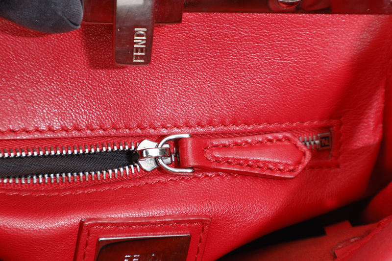 FENDI PEEKABOO MINI RED WHIPSTITCH CALF LEATHER SILVER HARDWARE WITH STRAPS AND DUST COVER