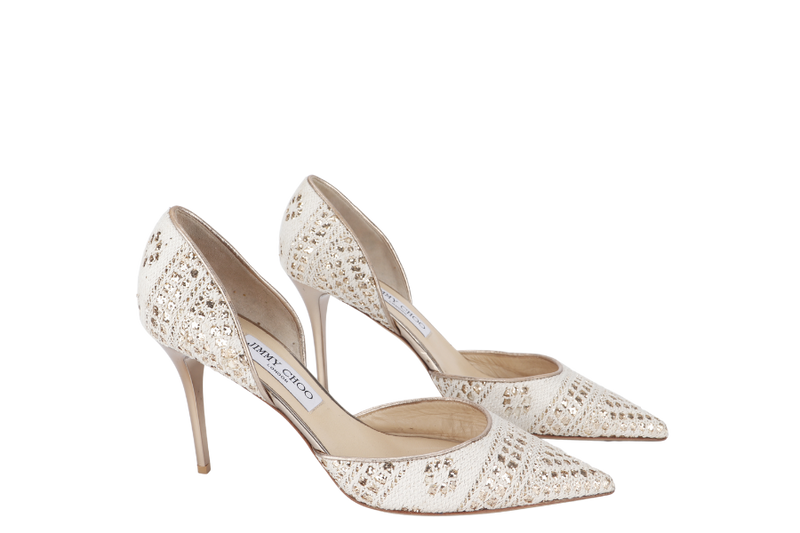 JIMMY CHOO LACE POINTED TOE PUMPS BEIGE SIZE 39.5