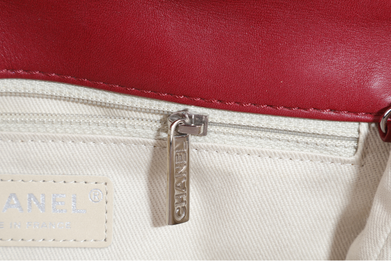CHANEL HAMPTONS WILD STITCH DARK RED LEATHER FLAP BAG SILVER HARDWARE (1783xxxx) WITH CARD, DUST COVER AND BOX