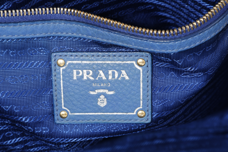 PRADA BLUE VITELLO DAINO LEATHER TOTE GOLD HARDWARE WITH STRAPS, CARD AND DUST COVER