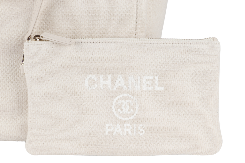 CHANEL DEAUVILLE SMALL BEIGE & WHITE CANVAS (K17Lxxxx) GOLD HARDWARE WITH DUST COVER AND BOX