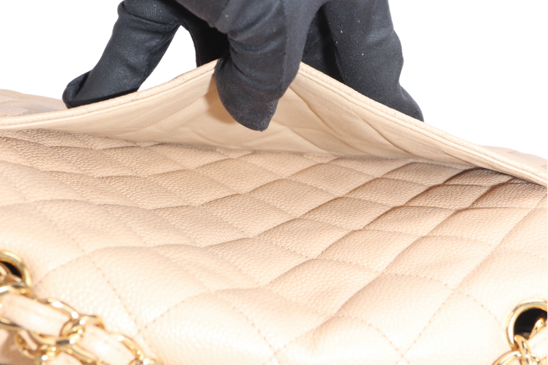CHANEL CLASSIC FLAP BAG JUMBO (1293xxxx) BEIGE CAVIAR LEATHER GOLD HARDWARE WITH DUST COVER