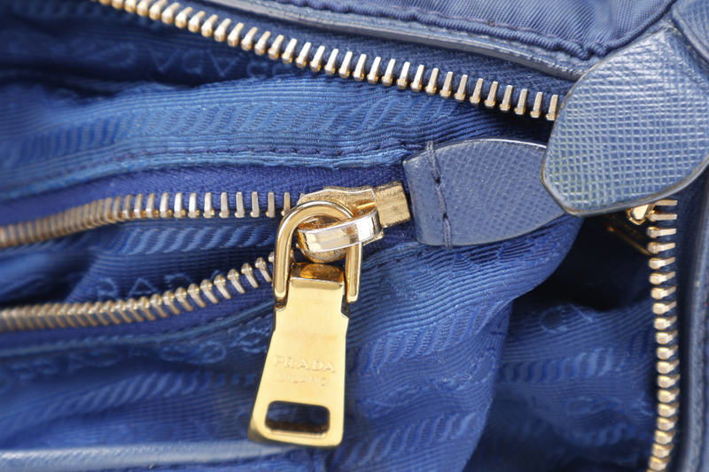 PRADA TESSUTO MEDIUM TOTE (BN2106) NAVY BLUE NYLON GOLD HARDWARE WITH CARD AND STRAPS