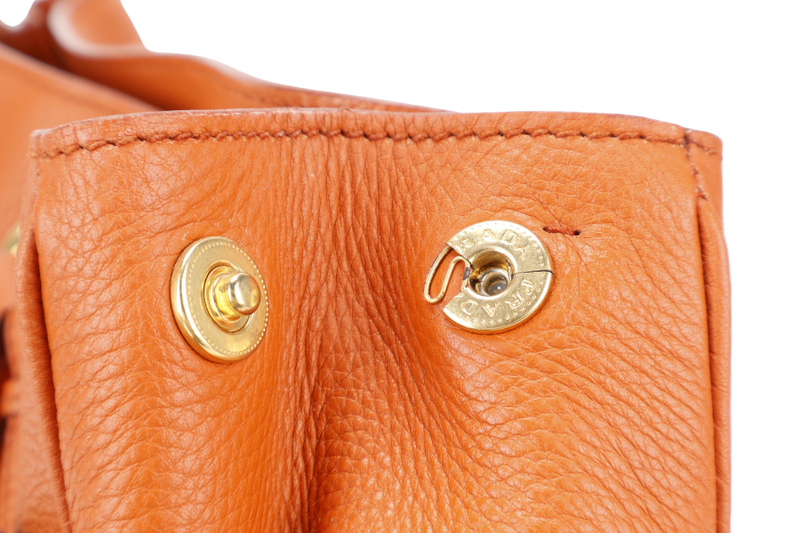 PRADA BN2579 VITELLO DAINO ZIP BAG ORANGE LEATHER GOLD HARDWARE WITH DUST COVER, LONG STRAPS AND CARD