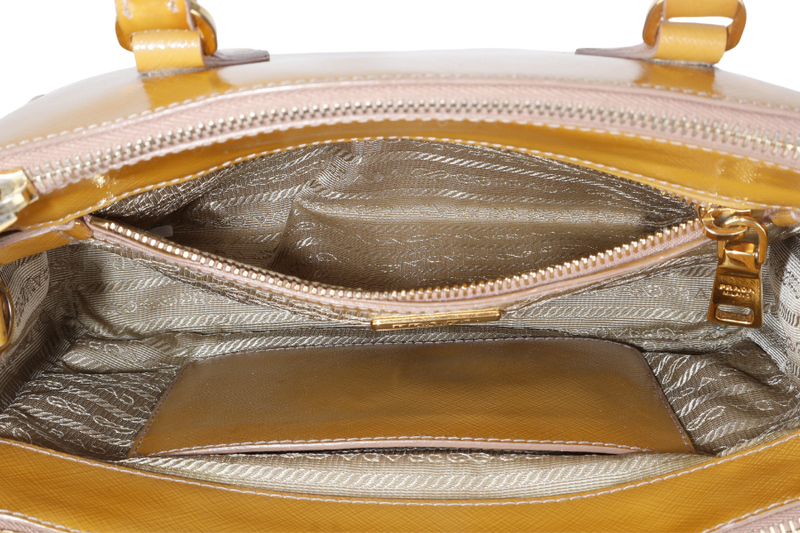 PRADA GALLERIA SMALL YELLOW GOLD SAFFIANO PATENT LEATHER GOLD HARDWARE NO DUST COVER