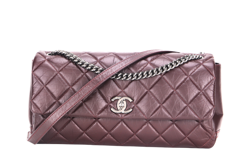 CHANEL LADY PEARLY FLAP (1690xxxx) BURGUNDY DISTRESSED LEATHER SILVER HARDWARE WITH CARD, DUST COVER & BOX