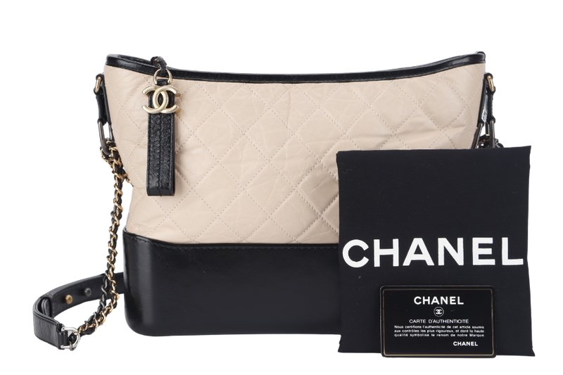 CHANEL GABRIELLE MEDIUM (254xxxx) BEIGE BLACK AGED CALFSKIN GOLD TONE/SILVER TONE & RUTHENIUM HARDWARE WITH DUST COVER