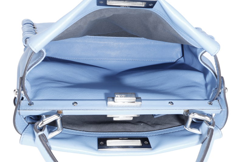 FENDI PEEKABOO (8BN290-81P-188-10429) BLUE GRAINED CALF LEATHER SILVER HARDWARE WITH RAINCOAT, STRAPS AND DUST COVER