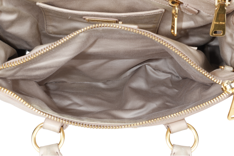 MIU MIU VITELLO LUX LARGE BEIGE BOWLER BAG GOLD HARDWARE WITH LEATHER STRAPS AND DUST COVER