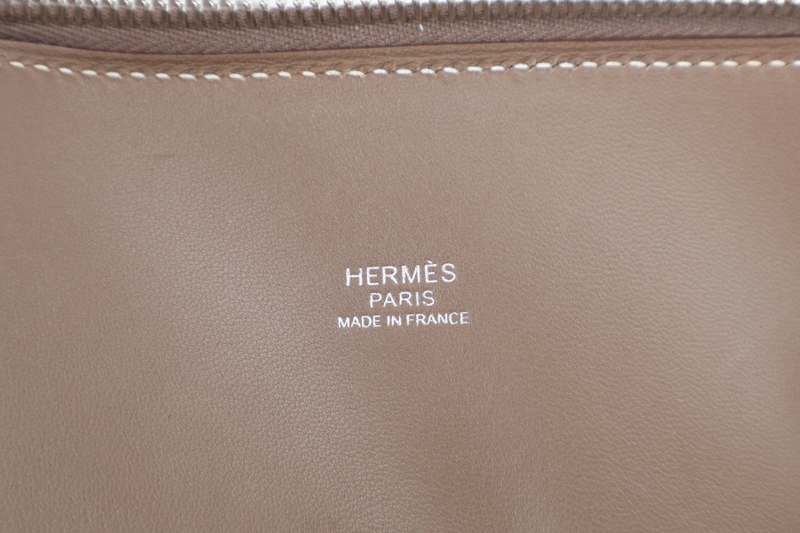 HERMES BOLIDE 31 TAUPE CLEMENCE LEATHER SILVER HARDWARE STAMP A (YEAR 2017) WITH STRAPS, DUST COVER AND BOX