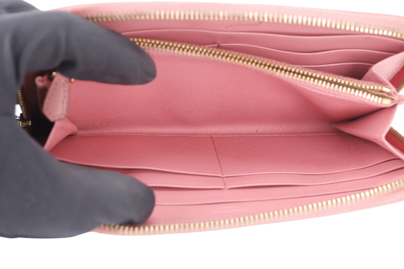 PRADA ZIP AROUND LONG WALLET PINK SAFFIANO LEATHER GOLD HARDWARE WITH BOX