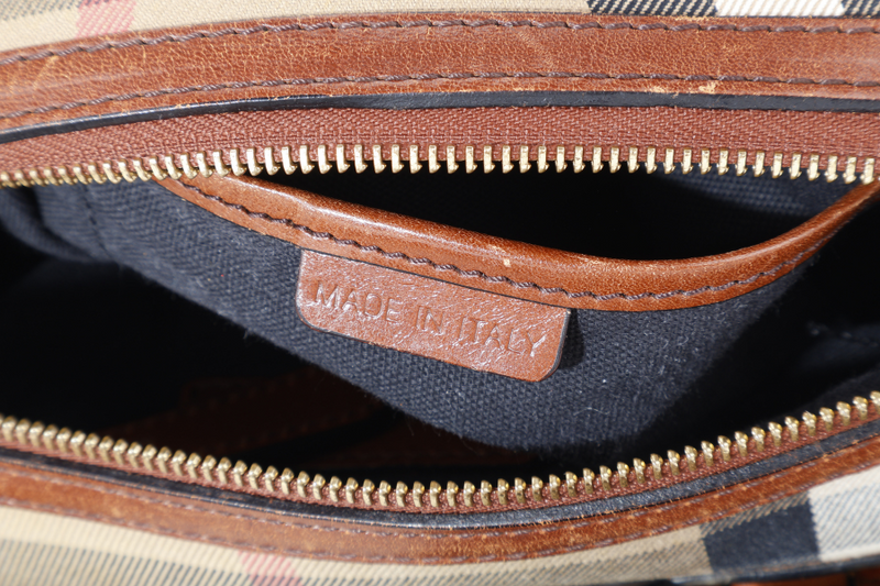 BURBERRY HOUSE CHECK BRIDLE BOWLING BAG BROWN CANVAS AND LEATHER GOLD HARDWARE WITH DUST COVER