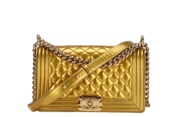 CHANEL LE BOY MEDIUM METALLIC PATENT GOLD CALFSKIN (1944xxxx) WITH DUST COVER, CARD AND BOX