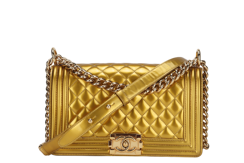 CHANEL LE BOY MEDIUM METALLIC PATENT GOLD CALFSKIN (1944xxxx) WITH DUST COVER, CARD AND BOX