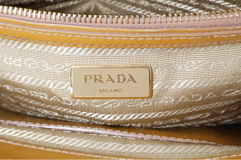 PRADA GALLERIA SMALL YELLOW GOLD SAFFIANO PATENT LEATHER GOLD HARDWARE NO DUST COVER