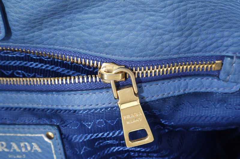 PRADA BLUE VITELLO DAINO LEATHER TOTE GOLD HARDWARE WITH STRAPS, CARD AND DUST COVER