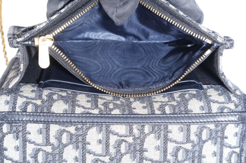 CHRISTIAN DIOR MONTAIGNE 2 IN 1/W.O.C BLUE NAVY OBLIQUE JACQUARD GOLD HARDWARE WITH CHAIN STRAPS, LEATHER STRAPS , DUST COVER AND BOX