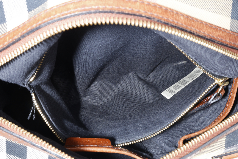 BURBERRY HOUSE CHECK BRIDLE BOWLING BAG BROWN CANVAS AND LEATHER GOLD HARDWARE WITH DUST COVER