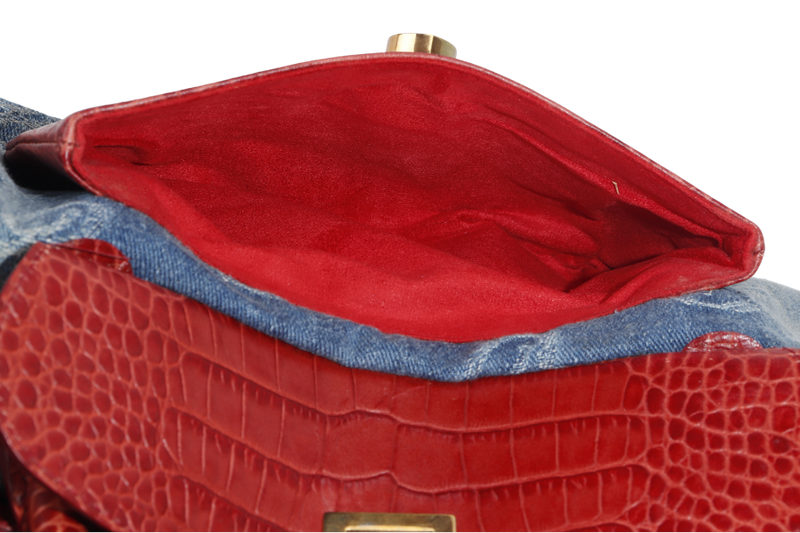 CHOPARD DENIM AND RED CROC SKIN EMBOSSED SHOULDER BAG WITH DUST COVER